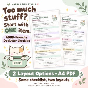 Pode incluir: Duas listas de verificação digitais de organização em formato A4 PDF intituladas Gentle Declutter Checklist da Maruko Tiny Studio. Os documentos apresentam um gato de desenho animado numa caixa com a etiqueta KEEP e secções para organizar.