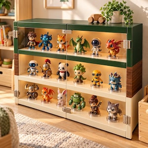 Puede incluir: Una vitrina de tres niveles con parte superior verde oscuro, sección central de madera y base crema, con puertas transparentes abatibles e iluminación interna. Los estantes exhiben una colección de figuras de fantasía, robots y animales.