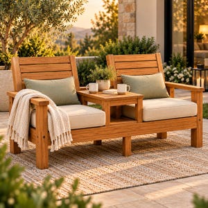Puede incluir: Un banco de jardín de madera con dos asientos conectados por una mesa central, cojines de asiento beige claro, almohadas lumbares verde salvia y una manta texturizada color crema sobre un reposabrazos, sobre una alfombra de exterior.