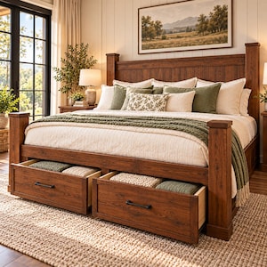 May include: A dark wood bed frame with a tall headboard and two large storage drawers pulled out at the base. The bed is dressed with a white quilt, a green knit throw blanket, and several pillows in shades of cream and olive green.