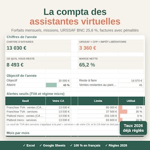 Virtual Assistant for Self-Employed Individuals 2026 Excel & Google Sheets | URSSAF, Client Packages, VAT, Invoices