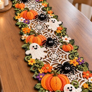 Patrón de camino de mesa de ganchillo para Halloween, telaraña, calabazas, fantasmas y arañas (PDF), decoración de otoño (descarga digital)