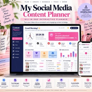 Social Media Content Planner, Interactive HTML Calendar, Post Tracker, Hashtag Organizer, Analytics Dashboard