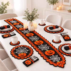 Halloween Table Runner Pumpkin Spiderweb Placemat, Coaster Crochet Pattern | Table Decor PDF