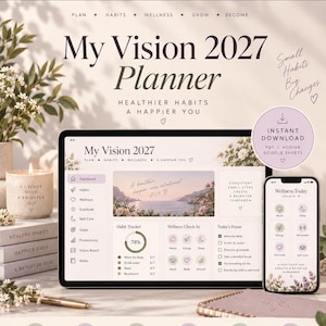 Planificador de vida digital 2027, organizador interactivo HTML, establecimiento de objetivos, seguimiento de hábitos, presupuesto y diario de bienestar.