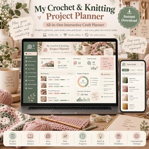 Crochet Knitting Planner, Interactive HTML Project Tracker, Yarn Stash Organizer, Pattern Library, Row Counter