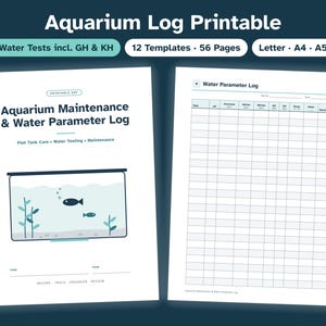Op de afbeelding: Een printbare set voor het bijhouden van aquariumonderhoud en waterwaarden met 12 sjablonen en 56 pagina's. De voorpagina toont een illustratie van een aquarium met twee vissen en planten, de tweede pagina bevat een tabel voor gegevens.