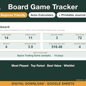 May include: A digital board game tracker dashboard for Google Sheets with a dark green background. It displays statistics like total games, plays, ratings, and purchase costs. Text includes Board Game Tracker, Beginner Friendly, Auto-Calculates, Printable Journal, and sample data for a Space Trading Game.