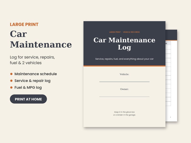 Car Maintenance Log Printable PDF, Large Print Vehicle Service Record ...