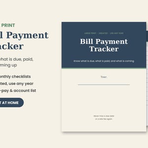 Puede incluir: Un rastreador de pagos de facturas en letra grande con un encabezado azul oscuro y cuerpo color crema. El texto dice Bill Payment Tracker, Know what is due, what is paid, and what is coming, Year, y Never miss a due date or a late fee again.