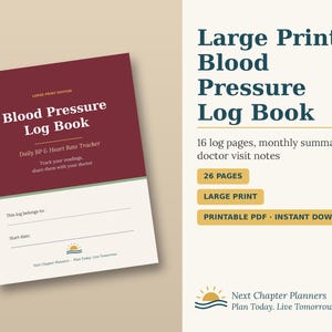 Könnte beinhalten: Ein Blutdruck-Logbuch in Großdruck mit einem weinroten und cremefarbenen Einband, der den Text Blood Pressure Log Book, Daily BP & Heart Rate Tracker und Next Chapter Planners enthält. Das Buch umfasst 16 Protokollseiten und Notizbereiche.