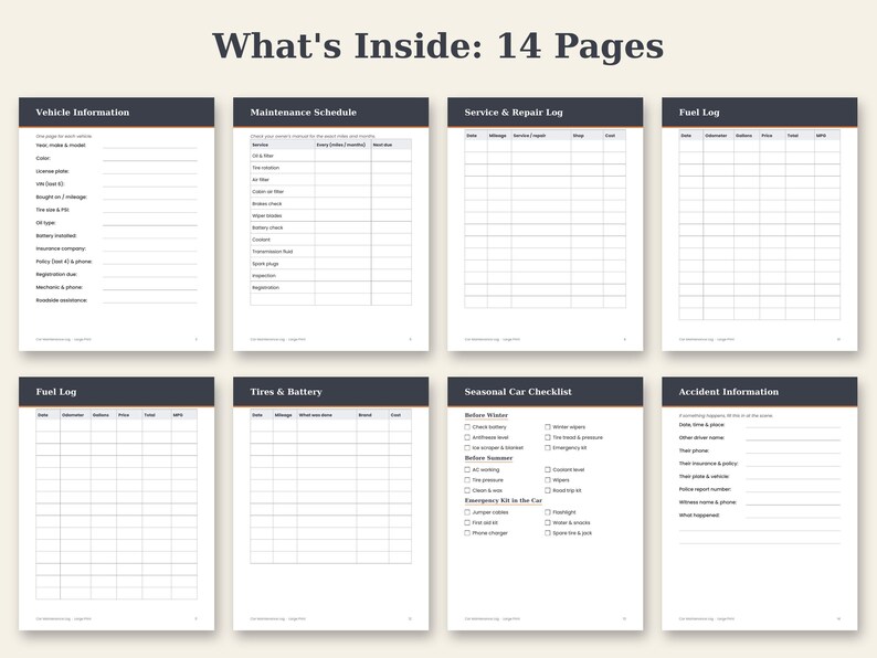 Car Maintenance Log Printable PDF, Large Print Vehicle Service Record ...