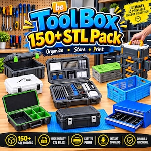 May include: A digital collection of 150+ 3D printable toolbox STL files featuring various storage containers, including modular cases with green or black interiors, a white case with a soldering iron graphic, and a blue drawer unit.