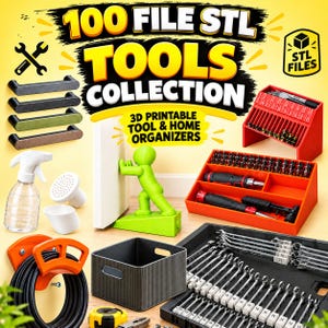 Könnte beinhalten: Eine digitale Sammlung von 100 STL-Dateien für 3D-druckbare Werkzeuge und Haushaltsorganizer. Das Bild zeigt verschiedene Gegenstände, darunter Schubladengriffe, eine Sprühflasche, einen grünen Türstopper, Ablagefächer und Schraubenschlüssel.