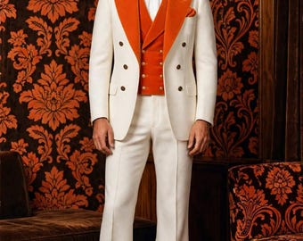 Esmoquin Milano Stitch de los años 70 / Viscosa color marfil, solapas de terciopelo naranja (Hecho a medida)
