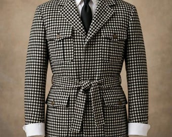 Cappotto da uomo in lana pied de poule, blazer vintage bianco e nero con cintura, giacca sartoriale con doppie tasche, capospalla formale classico in stile britannico.