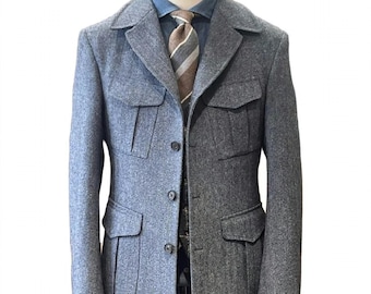 Chaqueta safari de tweed vintage para hombre / Blazer de lana hecho a mano / Abrigo de estilo campestre británico / Atuendo de invitado para boda de invierno / Regalo Milano Stitch