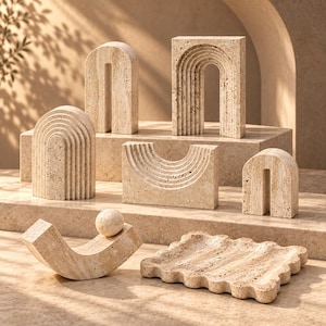 May include: A collection of beige travertine stone decorative objects including three arch-shaped sculptures with ribbed details, a semi-circular piece, a curved cradle with a sphere, and a rectangular tray with a wavy, scalloped edge.