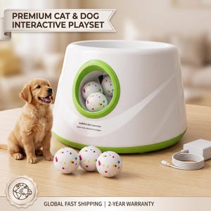 Pode incluir: Um lançador de bolas interativo branco e verde para animais de estimação com uma grande abertura circular, apresentando o texto PREMIUM CAT & DOG INTERACTIVE PLAYSET e WARING Ball Launcher. Três bolas brancas com pintas coloridas incluídas.