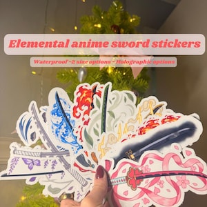 May include: A collection of die-cut stickers featuring various anime-style swords with elemental designs, including water waves, fire flames, lightning bolts, and floral patterns in vibrant colors like blue, red, yellow, and pink on white backgrounds.