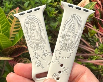 Virgin Mary Rose Cross engraved band, silicon Apple Watch Band for All Series 38mm 40mm 42mm 44mm 41mm 45mm 49mm