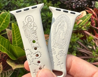 Virgin Mary and Jesus with Rose Cross engraved band, silicon Apple Watch Band for All Series 38mm 40mm 42mm 44mm 41mm 45mm 49mm