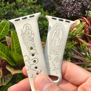 Virgin Mary and Jesus with Rose Cross engraved band, silicon Apple Watch Band for All Series 38mm 40mm 42mm 44mm 41mm 45mm 49mm