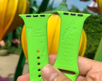 Tinker bell think happy thoughts engraved silicon Apple Watch Band - 38mm 40mm 42mm 44mm, 41mm 45mm, 49mm, Personalized Apple Watch Strap