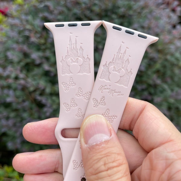 Disney Castle Minnie Bows Apple Watch Band, Engraved Silicone Strap