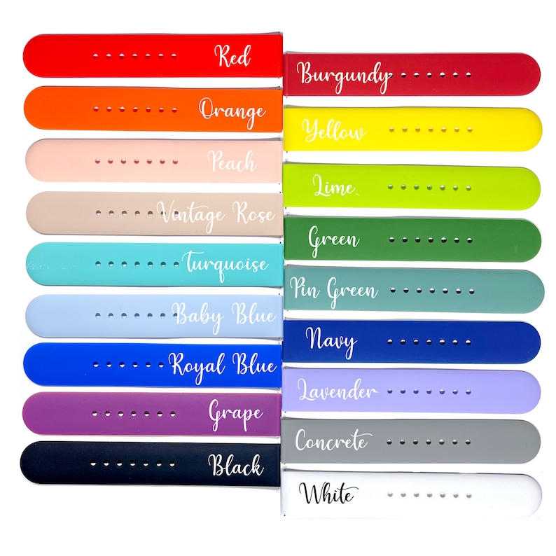 May include: A set of 14 silicone watch bands in various colors, including red, orange, peach, vintage rose, turquoise, baby blue, royal blue, grape, black, burgundy, yellow, lime, green, and pin green. The bands are labeled with their corresponding colors.