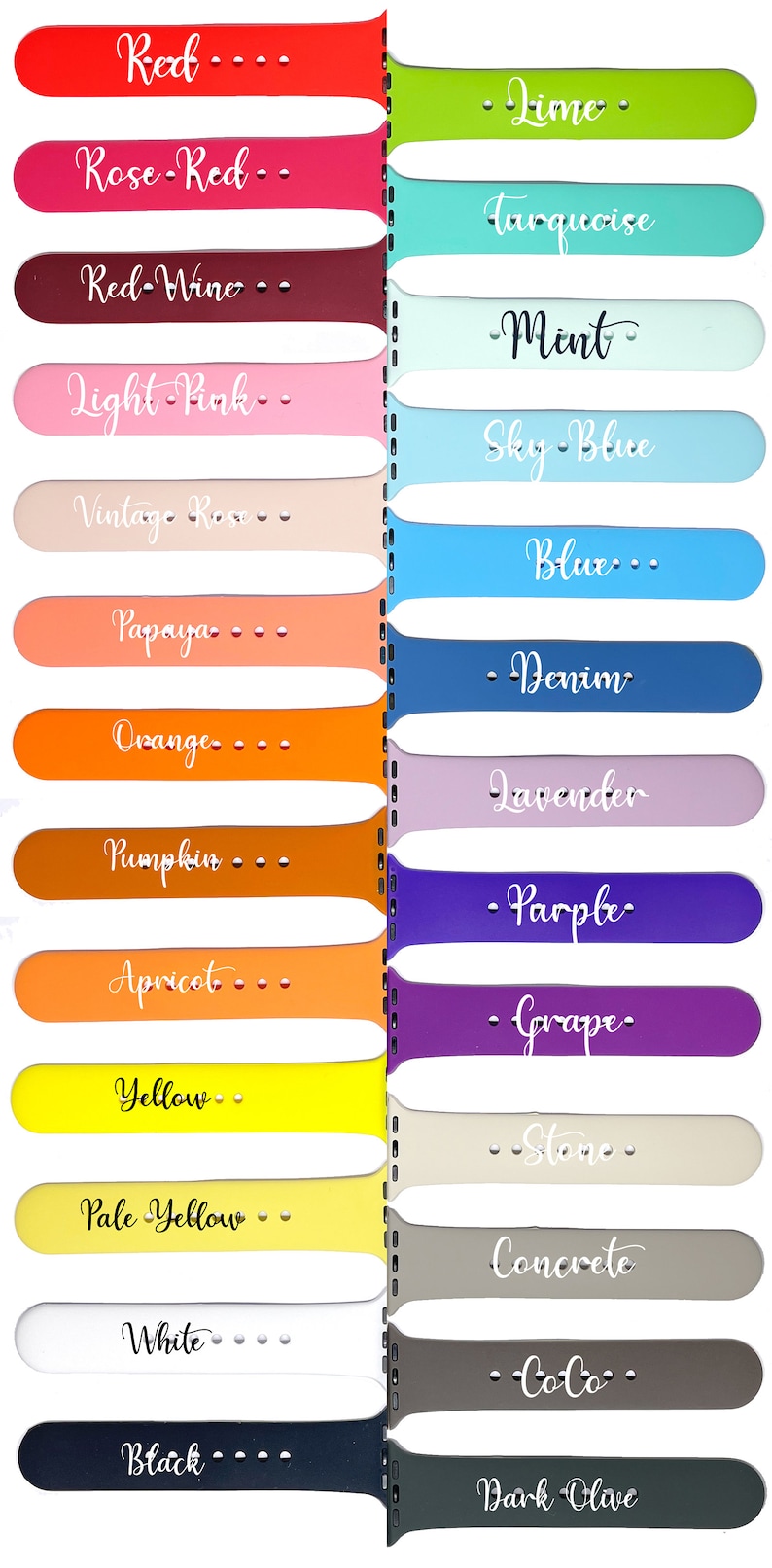 May include: A set of 16 Apple Watch bands in various colors, with each band labeled with a color name. The colors include red, rose red, red wine, light pink, vintage rose, papaya, orange, pumpkin, apricot, yellow, pale yellow, white, black, lime, turquoise, mint, sky blue, blue, denim, lavender, purple, grape, stone, concrete, coco, and dark olive.
