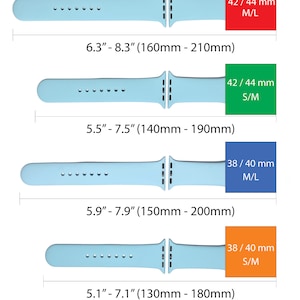 May include: Four different sizes of light blue Apple Watch bands with measurements in inches and millimeters. The bands are shown with the corresponding Apple Watch size: 42/44 mm, 38/40 mm. The bands are available in two sizes: S/M and M/L.