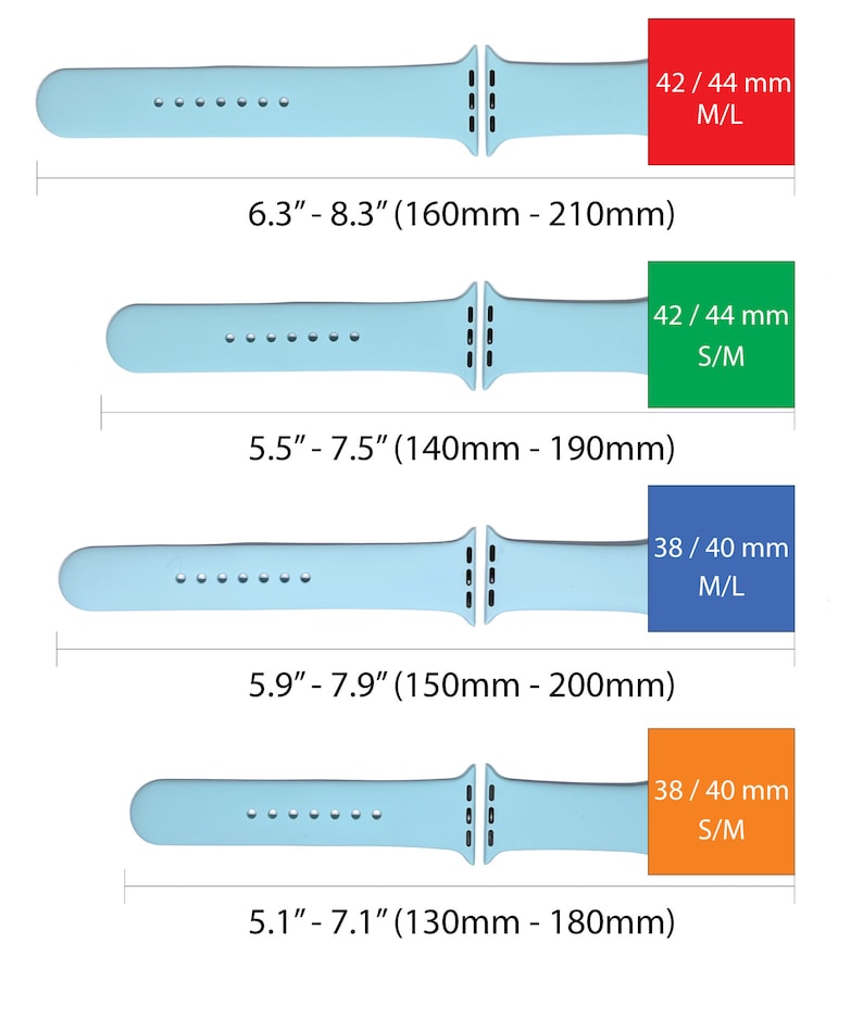 May include: Four different sizes of light blue Apple Watch bands with measurements in inches and millimeters. The bands are shown with the corresponding Apple Watch size: 42/44 mm, 38/40 mm. The bands are available in two sizes: S/M and M/L.