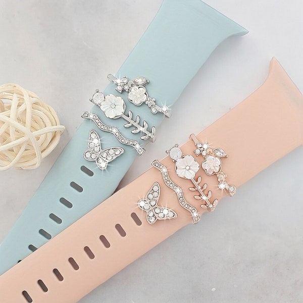 Floral Butterfly Diamond Apple Watch Charms: Samsung Galaxy / Fitbit Watch Band Stud Jewelry