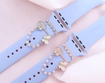 Floral Butterfly Apple Watch Charms: Pearl Diamond Samsung / Fitbit Watch Band Jewelry