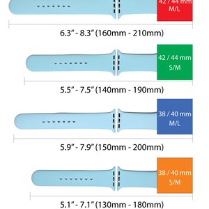 May include: Four different sizes of light blue Apple Watch bands with measurements in inches and millimeters. The bands are shown with the corresponding Apple Watch size: 42/44 mm, 38/40 mm. The bands are available in two sizes: S/M and M/L.