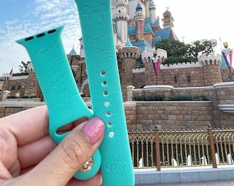 Disney Castle theme park with mickey and friends signatures engraved Fitbit versa / charge / sense watch Band, Google Pixel Watch strap