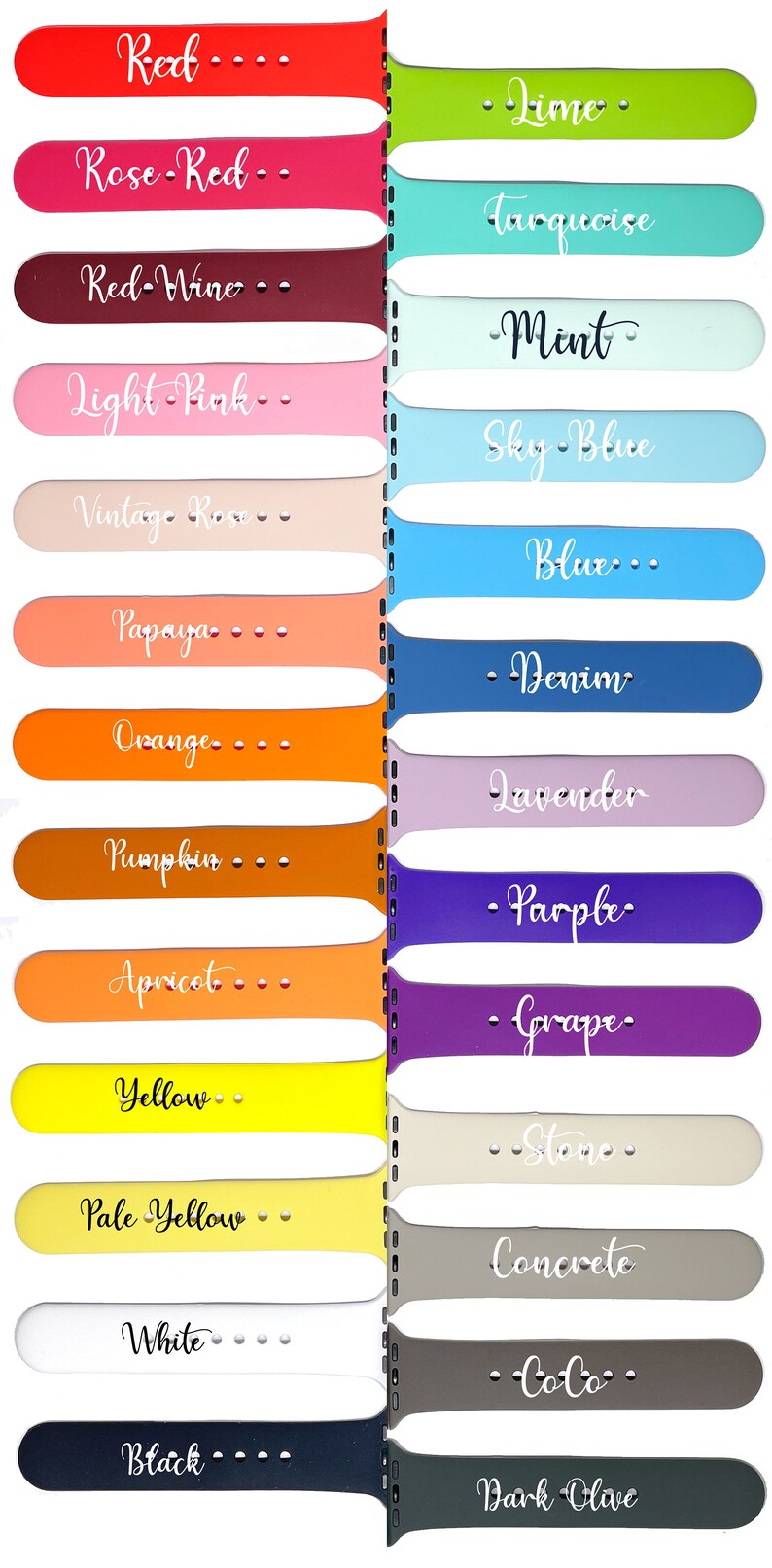 May include: A set of 16 Apple Watch bands in various colors, with each band labeled with a color name. The colors include red, rose red, red wine, light pink, vintage rose, papaya, orange, pumpkin, apricot, yellow, pale yellow, white, black, lime, turquoise, mint, sky blue, blue, denim, lavender, purple, grape, stone, concrete, coco, and dark olive.