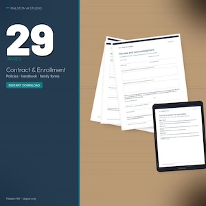 Könnte beinhalten: Ein 29-seitiges digitales Vertrags- und Anmeldedokumenten-Set mit Richtlinien, Handbuch und Familienformularen. Das Set enthält druckbare Seiten und ein Tablet, das ein Überprüfungs- und Bestätigungsformular von Ralston AI Studio anzeigt.