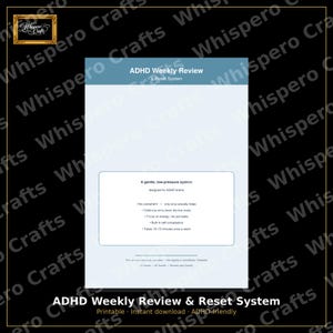 May include: A digital planner page titled ADHD Weekly Review & Reset System with a light blue header and a white central box. The text reads: A gentle, low-pressure system designed for ADHD brains. No overwhelm, celebrate wins, focus on energy.