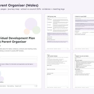 IDP Parent Organiser Wales | Individual Development Plan | Fillable Pdf | ALN Evidence Log, Key Dates & Meeting Notes | A4