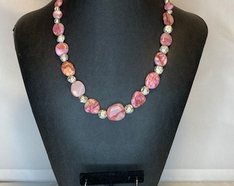 Handmade pink jasper stone necklace, bracelet, earrings set, pink and silver, magnetic clasp