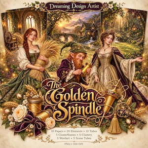 Op de afbeelding: Een digitale kunstcollectie getiteld The Golden Spindle met een vrouw met een korenschoof, een bebaarde kabouter met een klos en een vrouw in een japon. Bevat tekst Dreaming Design Artist, The Golden Spindle en bestandsdetails.