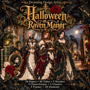 Könnte beinhalten: Ein digitales Scrapbooking-Set mit dem Titel Halloween at Raven Manor, das drei Figuren in verzierten viktorianischen Kleidern, ein gerahmtes Porträt, rote Rosen und einen Raben zeigt. Der Text umfasst 10 Papiere, 10 Tuben, 5 Wordart, 5 Clusterrahmen, 5 Cluster, 5 Rahmen und 20 Elemente.