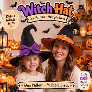 Puede incluir: Un patrón digital en PDF para un sombrero de bruja en tallas para niños y adultos. La imagen muestra dos sombreros negros, uno con un lazo morado y otro con una banda naranja y hebilla dorada, con el texto Witch Hat One Pattern Multiple Sizes.