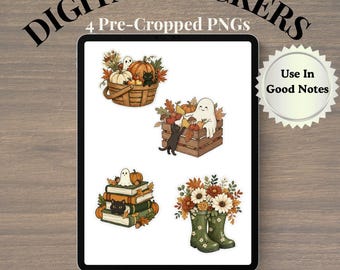 Digitale Sticker „Herbstliche Verspieltheit“ – PNG-Planer-Vorlagen für Buchliebhaber im Herbst (4er-Pack)