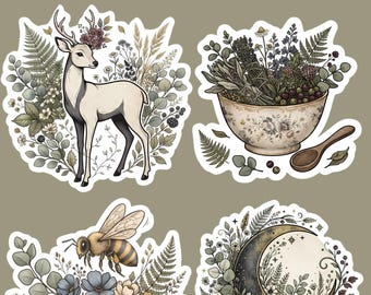 Dunkle Cottagecore-Sticker mit botanischen Motiven | Vintage-Natur, Mond, Hirsch (Digitaler Download)