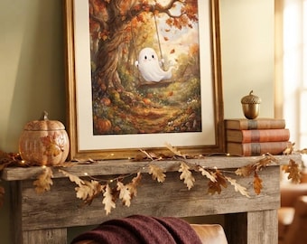 Verspielter Geist auf der Schaukel – Herbstliches Cottagecore-Wandbild (Digitaler Download)