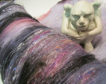 BLACK SWAN, fiber art batt for spinning, felting fiber, textured bling batt, roving, angelina sparkle, art fiber, sari silk, batts