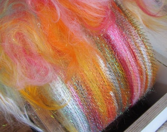 KOI POND, spinning fiber, art batt, carded wool, textured bling batt, felting fiber, Angelina sparkle, bamboo